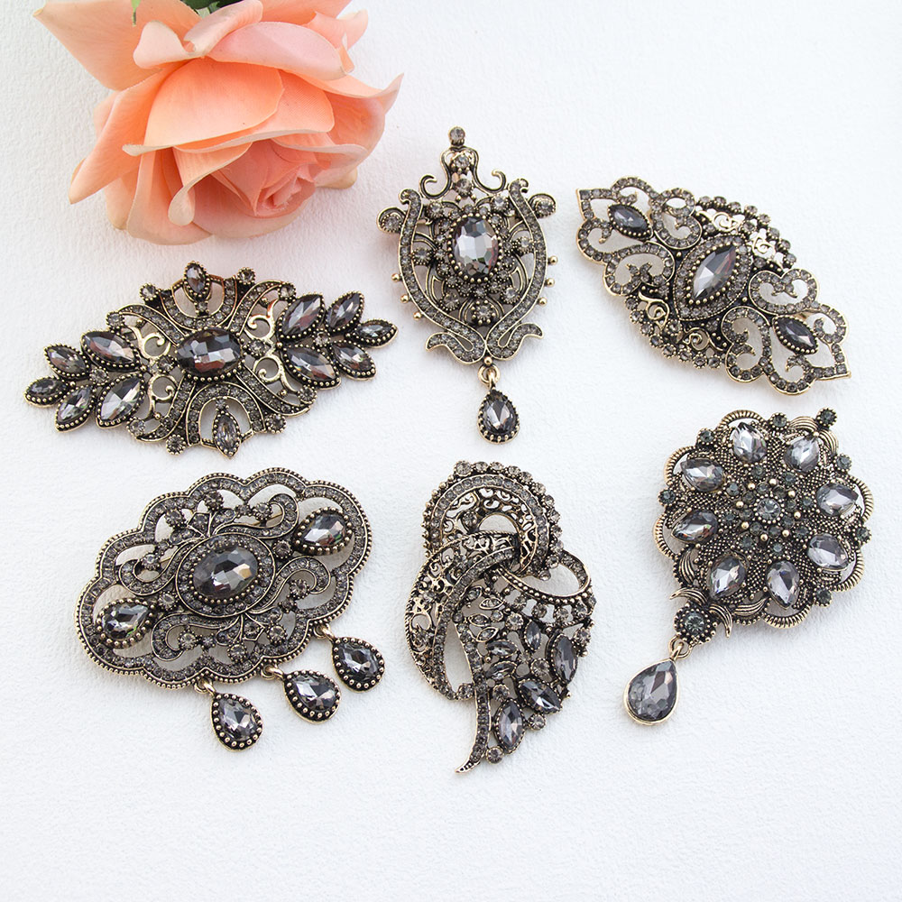 Vintage Fashion Hijab - Vintage Gray Crystal Turkish Brooch For